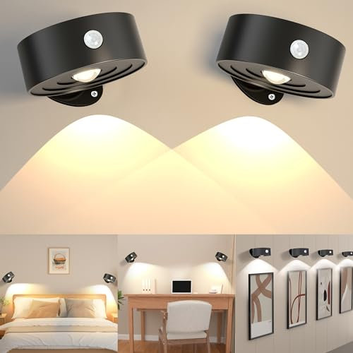 Realky LED Wandleuchte Innen mit Bewegungsmelder USB-C Aufladbare Wandlampe Akku Touch Control dimmbar 3 Farbmodi 360° drehbare Wandleuchte für Wohnzimmer Schlafzimmer Treppenhaus 2 Stücke Schwarz