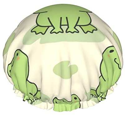 Niedliche Frosch-Duschhaube für Damen, doppelte wasserdichte Schichten, Bade-Duschhut, groß, entworfen für alle Haare