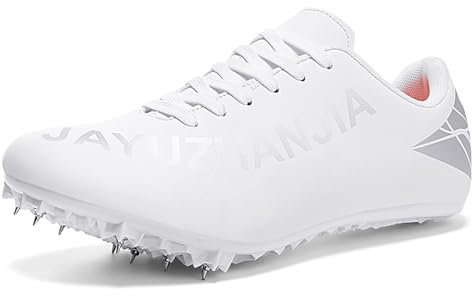 NGARY Leichtathletik-Lauf-Spike-Schuh Herren with 8 Nägel Lauftraining Weitsprung-Leichtathletik-Sneaker Jungen und Mädchen,Weiß,34 EU
