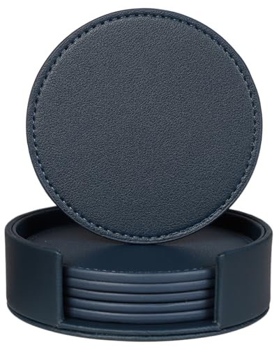Homcomodar Untersetz PU Leder Rund 6PCS Trink Untersetzer für Gläser(Dunkelblau)