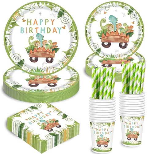 TERLUNNSI Dino Geburtstag Deko Partygeschirr Set, Dinosaurier Geburtstag Party Geschirr, Pappteller Tassen Servietten Strohhalme für Party Kindergeburtstag Deko Junge Mädchen 20 Gäste