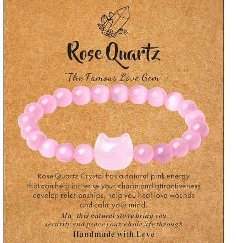 XIANNVXI Pink Gifts for Cat Lovers Rose Quartz Bracelet Crystal Beaded Pink Bracelet for Women Cute Gifts Cat Jewellery