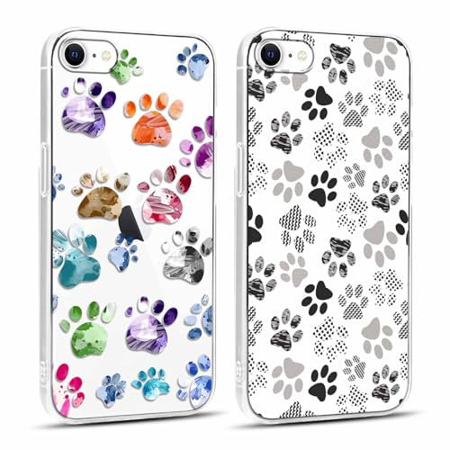 Yoedge 2 Stück Transparent Handyhülle für iPhone 8/7 /SE 2020 /SE 2022 Hülle 4,7, Hundepfoten Fußabdruck Muster Frauen Mädchen Aesthetic Motiv Handyhülle Dünn Weich Silikon TPU Stoßfest Schutzhülle