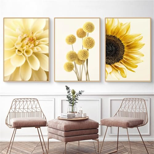 Uixxducc 3er Modern Poster Set, Gelb Sonnenblume Bilder Blumen Blätter Wandbilder, Stilvolle Leinwandbilder, Ohne Rahmen Kunst Bilder für Wohnzimmer Schlafzimmer (C,40x50cm)