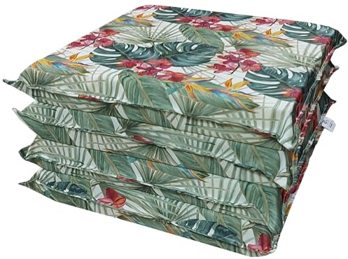 HABITA 33 HOME 4er Set Gartenstuhlauflagen 50x50x8 cm – Bequeme Outdoor SitzStuhlbezug mit Reißverschluss – Waschbare & weiche Polsterung – Abziehbar (4, Flowering)