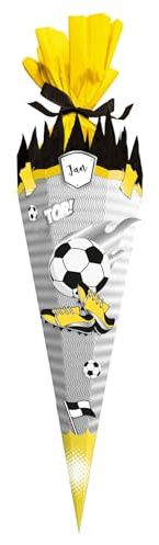 itenga Bastelschultüte Fussball - SCHULTÜTEN Bastelset FUSSBALL SCHWARZ GELB 68cm - 3D Wellpappe - für Fussball Fans in den Farben deines Lieblingsvereins (Schultüte weiss)