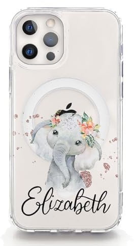 Personalised Phone Case For Apple iPhones, 16, 15, 14, 13, SE Pro Max, Mini, Plus, Samsung S23, S24, S25 Clear Gel Case Compatible with MagSafe, Initial/Name/Text, Pink Flower Elephant Drops