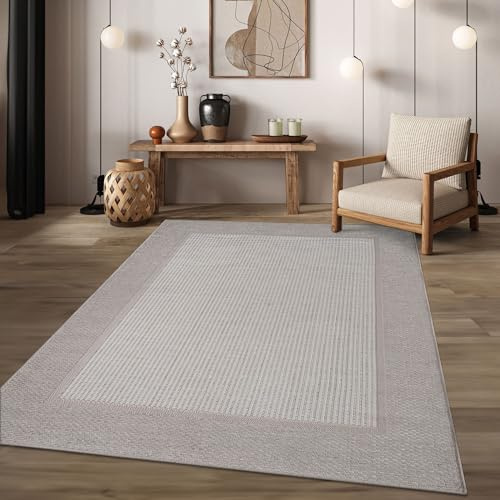 TT Home In-& Outdoorteppich Wetterfest Terrasse Balkon Esszimmer Modernes Boho Design Skandinavisch Mit Bordüre Unicolor, Farbe:Beige Creme, Größe:120x160 cm