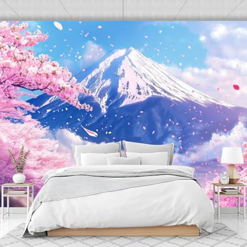 Photo Wallpaper Japanese Style Wall Murals - Removable Peel and Stick Self-Adhesive Foil Print Wall Mural Decoration Large Photo Wallpaper Picture Design Japanese Cherry Blossoms Mount Fuji