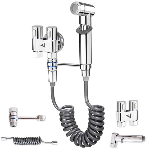 JUPPLIES Ducha Higienica para WC con Válvula de Control de 2 Vías y Doble Mando – Grifo Bidet para Inodoro con Manguera Retráctil 2m, Regulación de Presión y Montaje Sencillo (Grifo + Válvula)