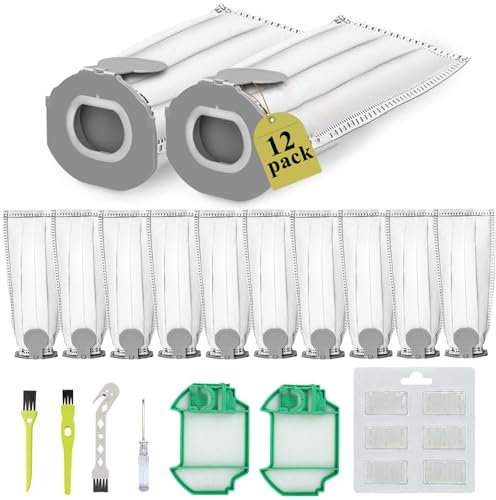 Ruucy 12 Pezzi Sacchetti per Folletto VK7S FP7 VK7 FP7S, 12 Sacchetti Aspirapolvere Folletto + 2 Filtro Motore + 3 Spazzole + 1 Cacciavite + 6 Profumini, Kit Ricambi Sacchi per Folletto Vorwerk VK7