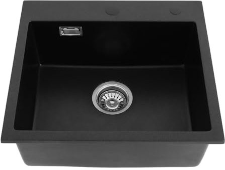 Donened - Fregadero de 50 x 45 cm con tubo de drenaje y escurridor, fregadero de cocina de piedra de cuarzo para cocina, baño, restaurante (negro)