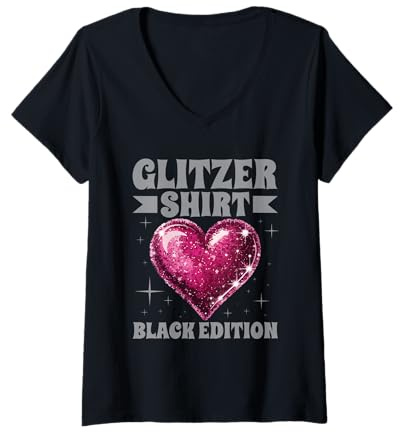 Damen Glitzer Shirt Black Edition Schwarz Herz Witzig Spruch T-Shirt mit V-Ausschnitt