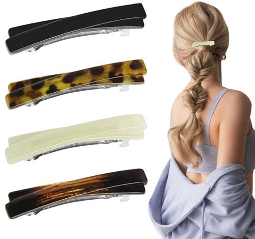 4 Stück französische Haarspangen für Frauen, Goody Barrettes, kleine Schildpatt-Haarspangen, gebogen, glänzend, dünn, fein, flach, Haar-Accessoires, schwarz, weiß, Leopardenmuster, Bernstein, 6,5 cm