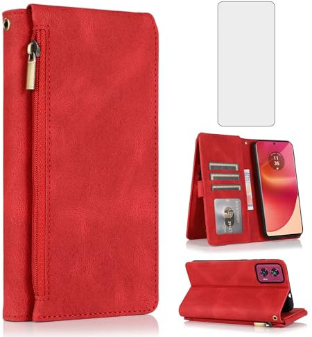 Asuwish Funda tipo cartera compatible con Motorola Edge 50 Fusion, protector de pantalla de vidrio templado, cierre de cremallera, retro, tarjetero, accesorios para Moto Edge50 50Fusion, mujeres y