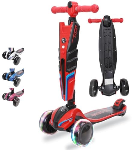 Kinderroller LED Leuchträder, 3 Rad Tretroller - Klappbar, Höhenverstellbar, Mädchen & Jungen, Scooter 3-12 Jahre, bis 50kg - Rot