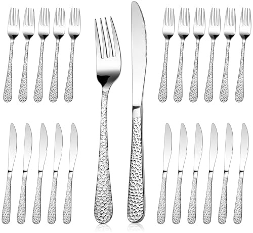 Homikit Steakbesteck Set, 24-teilig Edelstahl Steakmesser und Steakgabel, Steakbesteck Set für 12 Personen, Besteckset mit Gehämmert Griff für Haus Restaurant Hotel, Rostfreie & Spülmaschinenfest