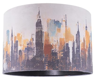 Grunge Style City Scape Cotton Fabric Lamp Shade in Black Orange and Blue | 20cm x 30cm | Inner Black Shimmer Satin Lining by Happy Homewares