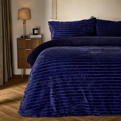 OHS Ribbed Faux Fur Duvet Cover Double, Luxurious Cosy Autumn Winter Bedding Set Super Soft Cosy Warm Plush Teddy Fleece Reversible Quilt Double Duvet Set with Pillowcases, Navy