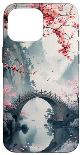 Japanese Cherry Blossom Landscape Case for iPhone 16 Pro Max