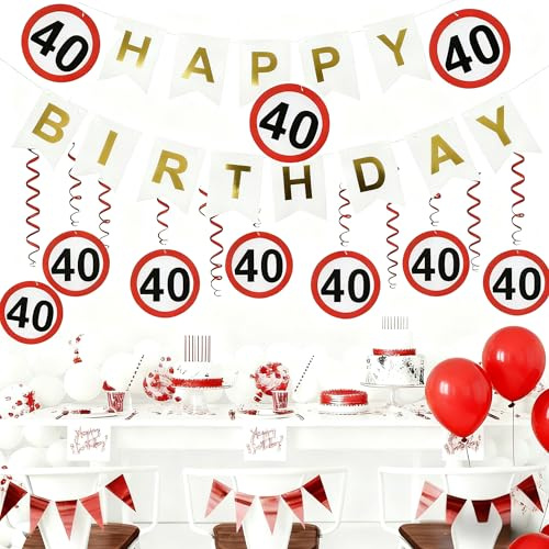 Amazleer Set di decorazioni per il 40° compleanno, ghirlanda, stelle filanti e cartello stradale, decorazione per donne e uomini (decorazione per 40° compleanno)
