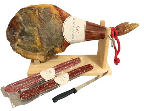 Jambon espagnol de réserve 4,5 kg d'épaule de porc (50% Duroc) affiné pendant au moins 10 mois + Chorizo ​​de Pâques et Longaniza + support à jambon et couteau