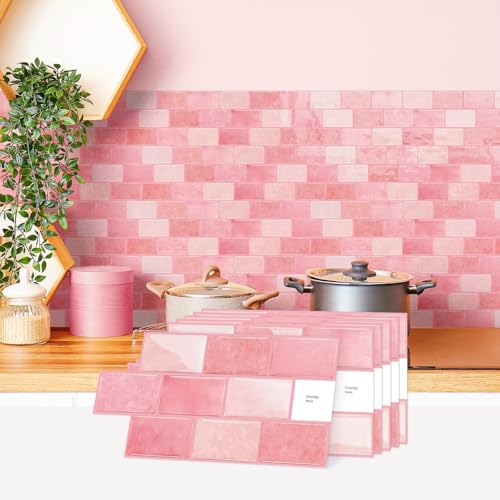 indabyo 10 Sheets Marble Effect Tile Stickers Stick on Tiles Backsplash | Kitchen Bathroom Wall Self Adhesive Vinyl Waterproof Peel and Stick Tile Covers Decals (Pink)