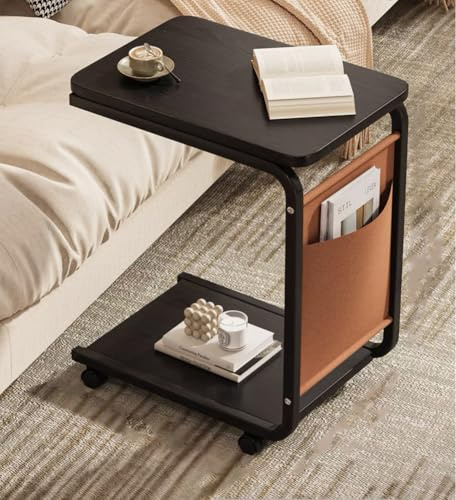 DGDHHSFJDJ C-förmiger Beistelltisch für Sofa mit Aufbewahrungstasche, mobiler Beistelltisch auf Rollen für Fernseher, Arbeitszimmer und Esszimmer, brauner Couch-Beistelltisch