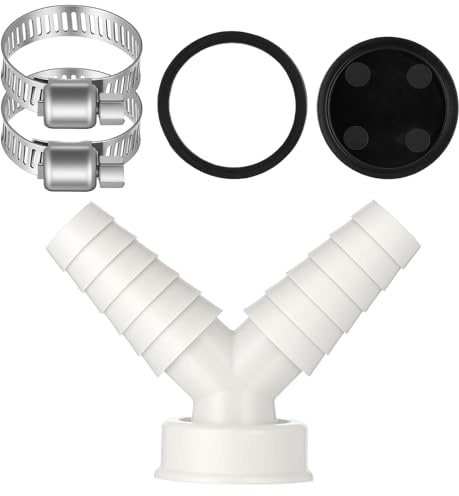 Waschmaschine Abfluss Adapter, 1 Zoll Abfluss-Waschmaschine Doppelanschluss, Y Stück Waschmaschinen Trockner Abfluss mit 2 Schlauchschellen, Weiß
