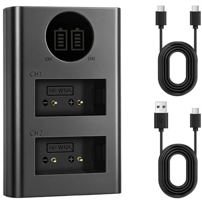 NP-W126 NP-W126s Battery Charger for Fujifilm: X100F X-T3 X-T20 X-E4 Camera | Fast Dual Slot USB C/Micro Port Compatible with Car/Power Bank/Laptop Charging