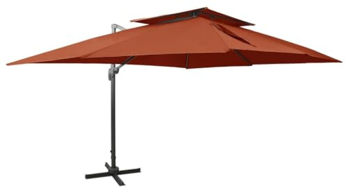 SooIarix Ampelschirm mit Doppeldach Terrakotta 400 x 300 cm, UV-beständiger Balkon Sichtschutz, wetterfester Gartenschirm mit Kurbelsystem, kippbar und 360 Grad drehbar, Stabiler Aluminiummast