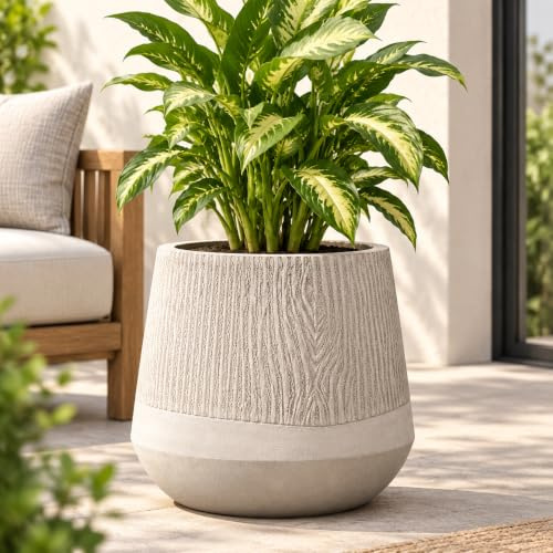 Hometopia Blumentopf groß & rund mit Ablaufloch, Ø 31 × H 27 cm, Creme, | Robuster Blumentopf mit Ablaufloch, frostbeständig und wetterfest, ideal für Balkon, Garten, Terrasse und Wohnzimmer