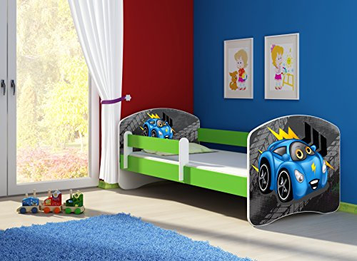 CLAMARO 'Fantasia Grün' 160 x 80 Kinderbett Set inkl. Matratze und Lattenrost, mit verstellbarem Rausfallschutz und Kantenschutzleisten, Design: 04 Rennwagen Blau