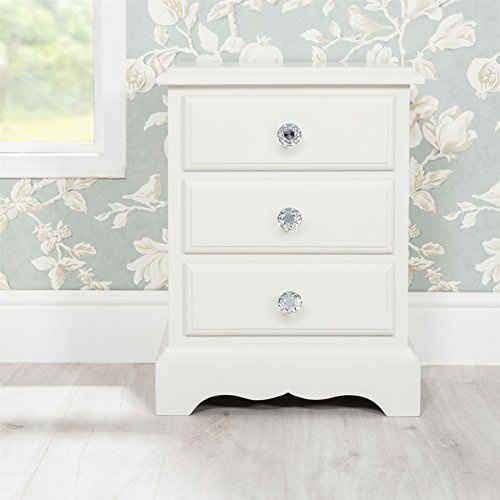 Romance Antique White Solid Wood French Style 3 Drawer Bedside Cabinet with Diamond Crystal Handles | Comes Fully Assembled | Wooden Bedside Table, Living Room Cabinet