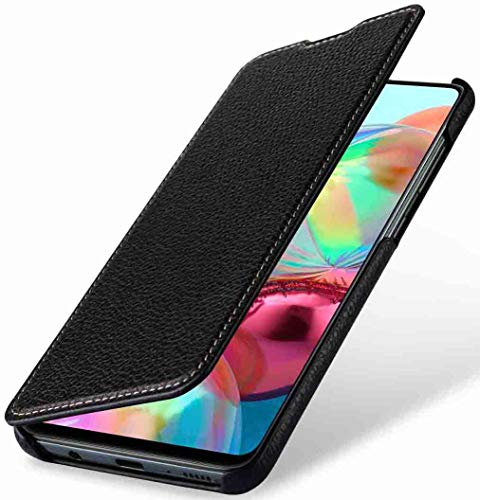 STILGUT Etui conçu pour Samsung Galaxy A71 Coque à Rabat latéral en Cuir véritable, Noir