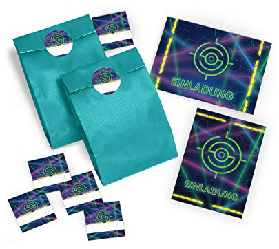 8 Einladungskarten Geburtstag Kinder Lasertag für Mädchen Jungen incl. 8 Umschläge, 8 Tüten/türkis, 8 Aufkleber Jungs Einladungen Kindergeburtstag Geburtstagseinladungen Set Partyset Kartenset Party