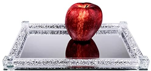 BANQLE Verspiegeltes Kristall-Kosmetik-Tablett, Silber Schmuck und Make-up Tablett (rechteckig 20 x 30 cm, Silber)