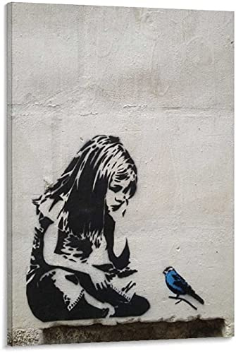 Bild auf Leinwand Banksy Graffiti Art Girl with Blue Bird Bilder Street Pop Art Gemälde Kunstdruck Modern Wandbilder XXL Wanddekoration (Mit Rahmen, 50x30cm)