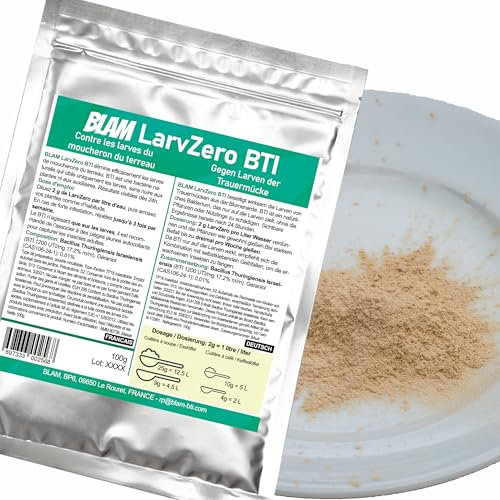 BLAM LarvZero BTI 100g – Larvicide naturel contre les mouches du terreau (Sciaridae) – Bacillus Thuringiensis Israelensis concentré pour 50L de solution