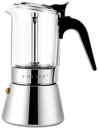 YOLIFE Premium Crystal Glass Top Induction Stovetop Espresso Moka Pot - 6 Cups Stainless Steel Coffee Maker 240ml/8.1oz
