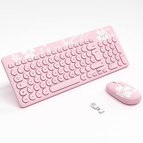 Mytrix Rosa Sakura Kabellose Tastatur Maus Set, Deutsches QWERTZ Layout Stille Tastatur Maus Combo mit Ziffernblock für PC, Laptop, Mac, Windows, Retro-runde Schlüssel, 2.4G Typ C/USB A-Empfänger