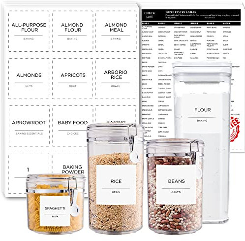 Prefdo 168 Etiketten für Speisekammer, minimalistisches Bauernhaus, wasserdicht, vorgedruckte Lebensmittel-Namensaufkleber, Organisation, Aufbewahrungsbehälter, Gläser und Dosen (weiß)