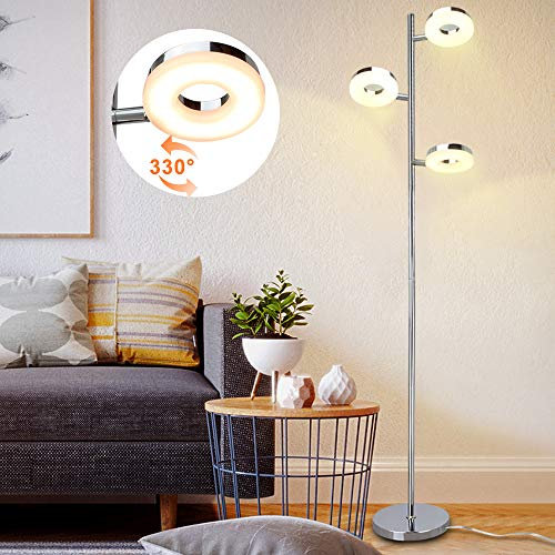 Depuley LED Lampadaire sur Pied de 3 Têtes 330° Flexible en Métal Argent, Lampadaire de Lecture 143CM Moderne Interrupteur sur Pied, Lumière Blanc chaud 3000K, 960LM, 3*4W pour Salon, Bureau, Chambre