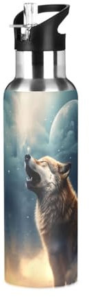 xigua Wolf Moon Space Sport-Trinkflasche mit Strohhalm-Deckel, 625 ml, auslaufsicher, vakuumisoliert, Edelstahl, doppelwandig, Thermobecher, Metall-Kantine