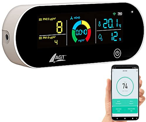 AGT Raumluftmessgerät: 5in1-Akku-Luftqualitätsmesser, HCHO, PM1/2,5, Temperatur u.v.m., App (Luftmessung, Partikelmesser, Gesundheit)