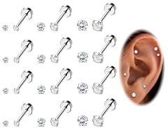 Kakonia 12 Paar 20G Edelstahl CZ Ohrstecker für Damen Herren Knorpel Helix Ohrstecker Set Runde Zirkonia Schraube Flat Back Ohrstecker Piercing