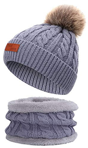 Qersh Baby Wintermütze Schal Schlupfmütze Warm Niedlich BärWintermütze Schalmütze Strickmütze mit Bommel Fleecefutter BeanieMütze Baby (S03, 2-7 Jahre alt)