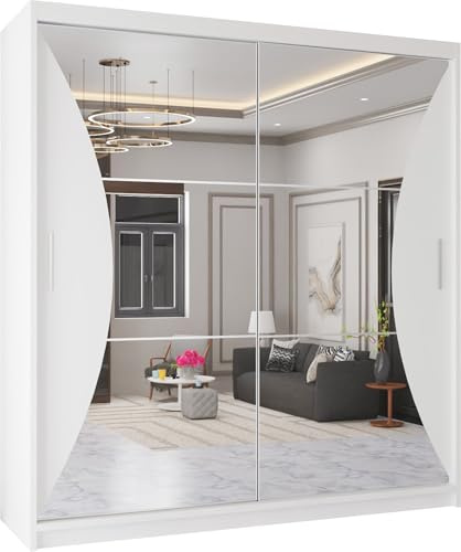 MN Furniture Modern Double Sliding Door Wardrobe 2 Mirrored Hanging Rails & Shelves Storage Cabinet for Bedroom (California White, 150cm)