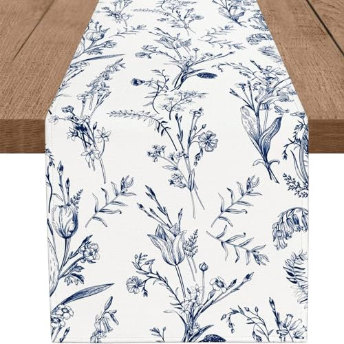 PROCIDA Navy Blue Floral Table Runner Vintage French Country Wildflower Burlap Table Runners Farmhouse Coffee Table Center Decor for Dining Room Kitchen Home Holiday Party Indoor Outdoor 13x48 Inch