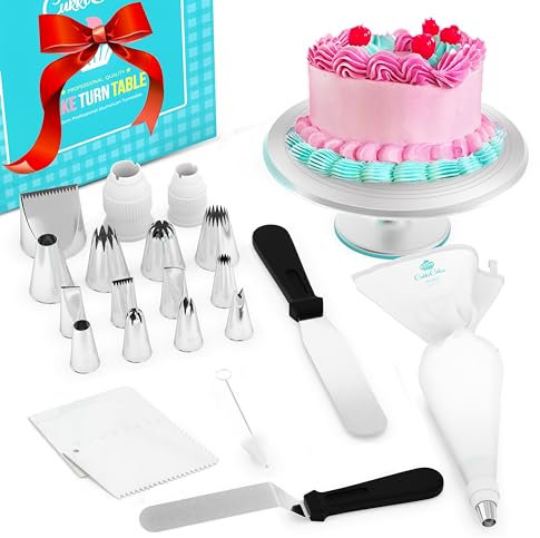 CukkiCakes Kit de Decoración de Tartas (42pcs) con Plato Giratorio + 13 Boquillas Grandes + Manga Pastelera Reutilizable (+20 Desechables) + 2 Espátulas + 3 Paletas Alisadoras + 2 Acopladores